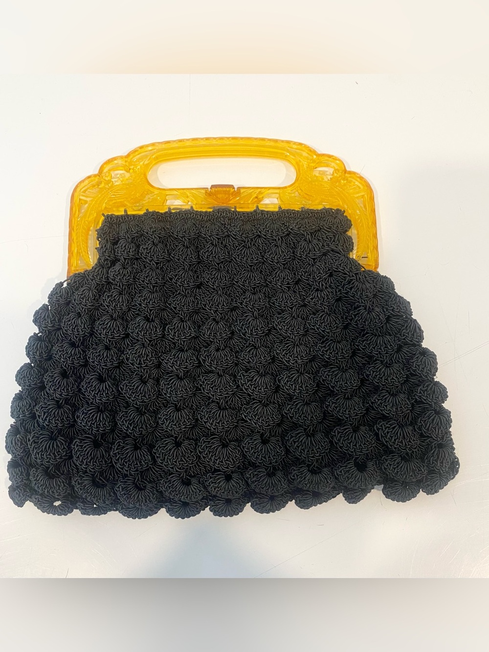 Vintage Black Popcorn Crochet Purse Amber Peacock Handle Frame Evening Bag